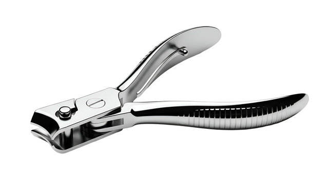 Close-up of a shiny, metallic fingernail clipper on a black background