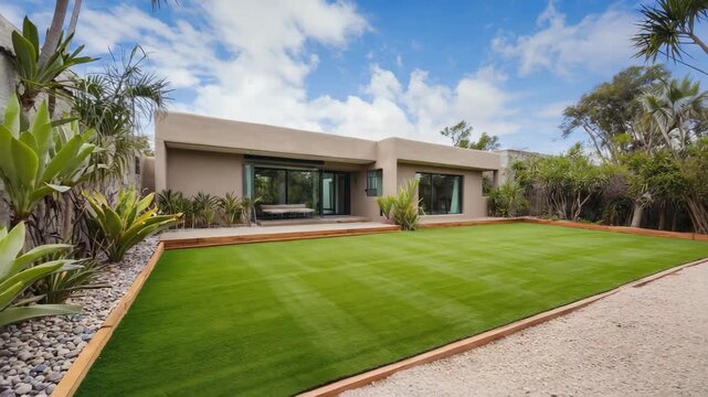 Luxury home backyard with a perfectly manicured green lawn and modern landscaping. Contemporary garden design featuring tropical plants and a gravel path for upscale living