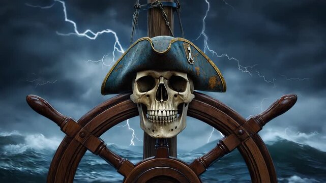 A pirate skull in a captain's hat mounted on a ship's helm during a violent sea storm. Lightning flashes across the dark sky as a ghost ship navigates rough waves