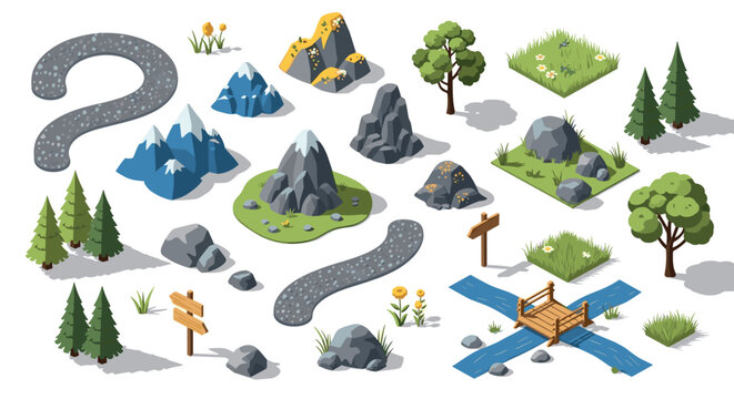 Isometric nature elements collection with trees, paths, and mountains for game design