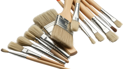 Close-up of various sized natural bristle paintbrushes with wooden handles