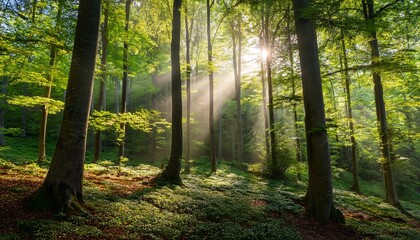 Obraz premium Sunlight Beams Get Through The Green Foliage Of Beech Trees In Virgin Forest In Carpathian Mountains