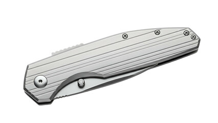 Close-up of a closed silver folding knife with a textured handle on a black backdrop