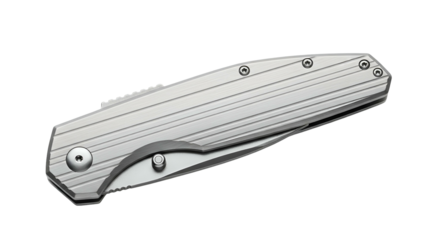 Close-up of a closed silver folding knife with a textured handle on a black backdrop