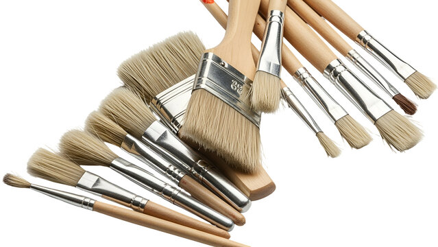 Close-up of various sized natural bristle paintbrushes with wooden handles