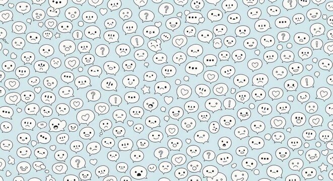Dense Pattern of Speech Bubbles and Emojis Representing Communication and Emotions