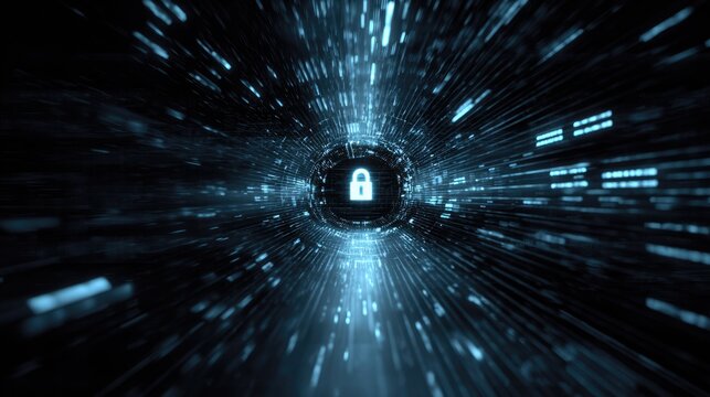 A glowing padlock icon is centered in a futuristic digital tunnel, surrounded by streaks of blue light representing secure data flow and robust cybersecurity.