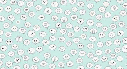 Assortment of Various Communication and Emotional Expressions in Speech Bubbles on Light Blue