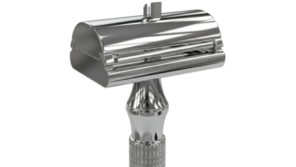 Shiny chrome safety razor with handle, close-up, black background