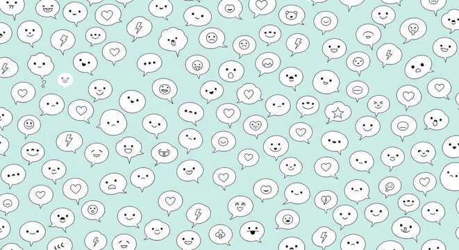 Assortment of Various Communication and Emotional Expressions in Speech Bubbles on Light Blue