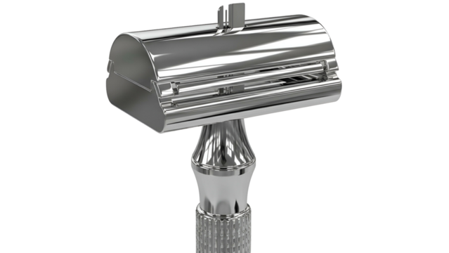 Shiny chrome safety razor with handle, close-up, black background