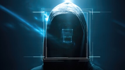 Dark hooded figure with glowing blue digital face interface, symbolizing anonymity, hacking, and cyber threats in a futuristic, mysterious context.