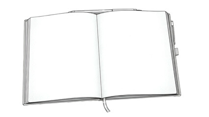 Open blank book with a ribbon bookmark; black and white illustration on a transparent background