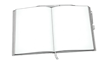 Open blank book with a ribbon bookmark; black and white illustration on a transparent background