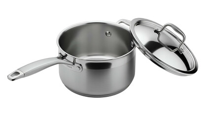 Shiny stainless steel saucepan with handle and lid, presented against a black backdrop