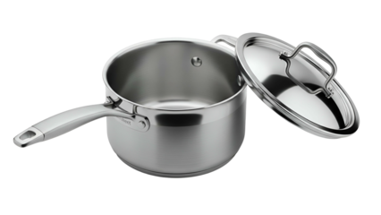 Shiny stainless steel saucepan with handle and lid, presented against a black backdrop