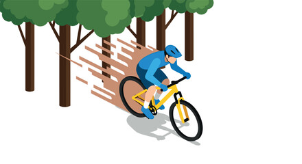 Colorful isometric cyclist riding through forest with motion effect