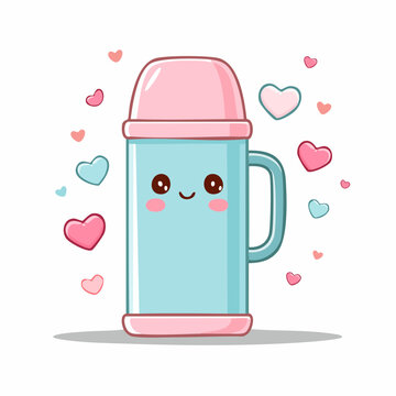 Vector kawaii thermos with smiling face, pastel pink and blue palette, soft rounded shapes, thick outline, steam forming tiny hearts, minimal cute winter style