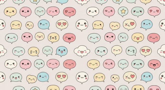 Adorable pastel-colored speech bubbles with cheerful and loving expressions creating a playful and