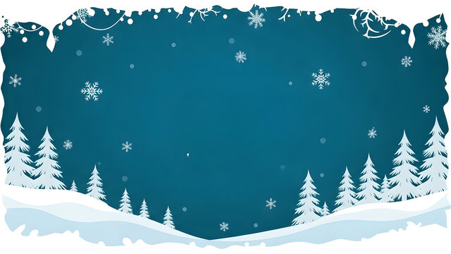 Deep Blue Christmas Border with Snow, Pine Trees, and Fairy Lights. Winter Night Background