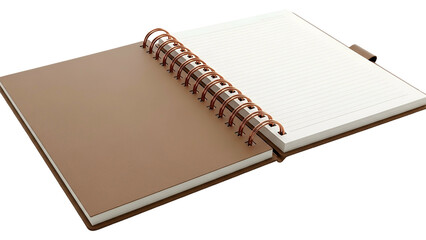 An open spiral-bound notebook, brown cover with white lined pages, laying flat