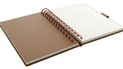 An open spiral-bound notebook, brown cover with white lined pages, laying flat