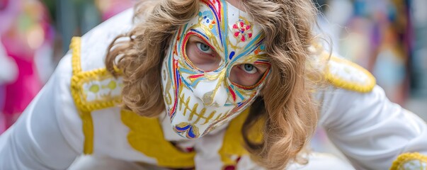 Colorful festival dancer wearing ornate mask performing on vibrant street stage