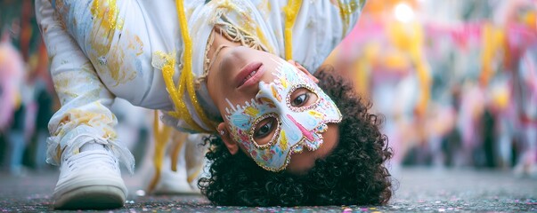 Colorful festival dancer wearing ornate mask performing on vibrant street stage