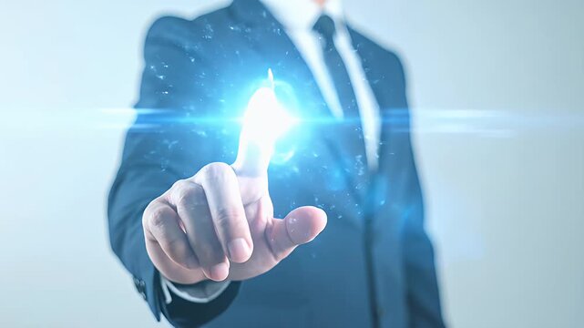 Close up of Businessman Touching Glowing Email Icon With Navy Blue Suit Against Light Gray Background Email Symbol Communication Technology Concept