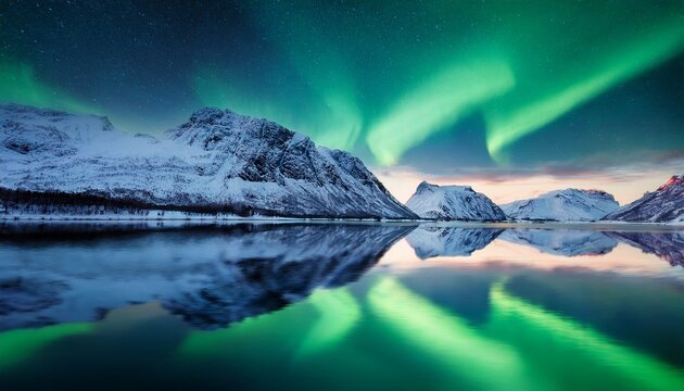 Norwegian Winter Landscape With Green Aurora Borealis Above Mountains And Reflecting On Water Surface Mountains Northern Lights