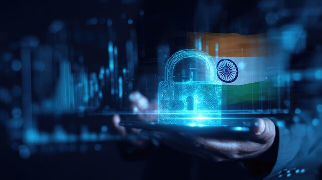 Digital security in India: A hand holds a tablet displaying a glowing padlock, symbolizing national data protection and cybersecurity measures.