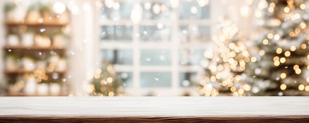 Christmas Decorated Interior with Blurred Lights and Snowflakes
