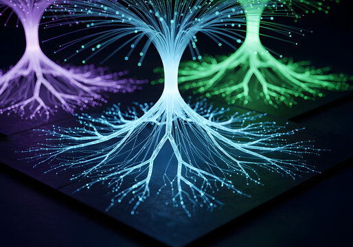 Abstract neon fiber root network glowing softly on a dark futuristic surface. - Powered by Adobe