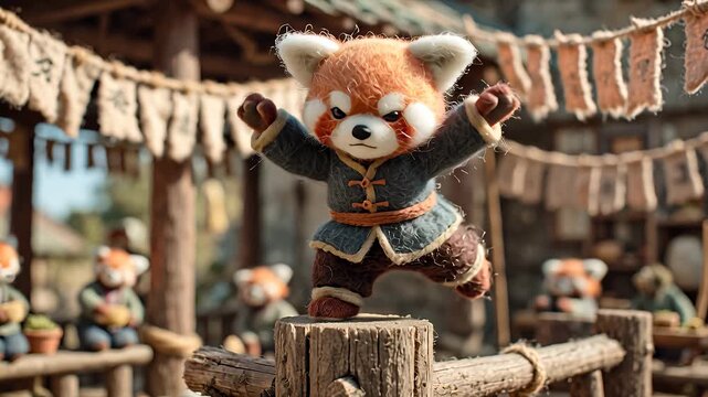 Animated red panda figure in martial arts pose outdoors