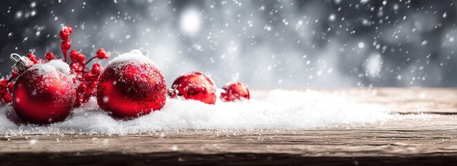 Snowy Christmas Ornaments on Wooden Surface with Red Berries and Falling Snowflakes