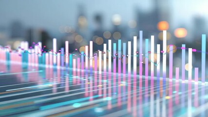 Colorful display of data trends overlaying a modern city skyline, showcasing analytical insights and technology advancements - Powered by Adobe