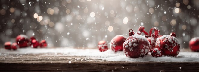 Festive Christmas Decorations with Snow on Wooden Surface, Perfect for Holiday Greeting Cards and Seasonal Marketing