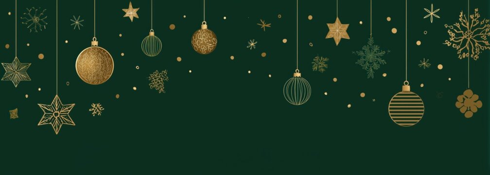 Festive Christmas Decorations: Gold Ornaments, Stars, and Snowflakes on Dark Green Background