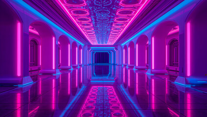 Futuristic neon corridor with vibrant pink and blue lighting