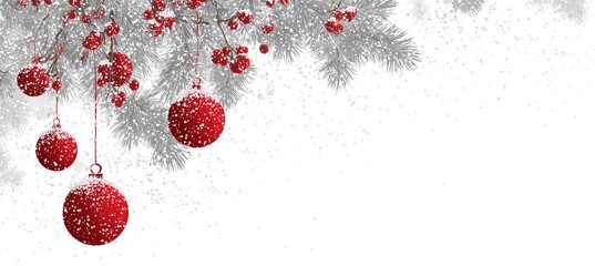 Christmas Decorations: Red Baubles and Holly Berries on Snow-Covered Pine Branches