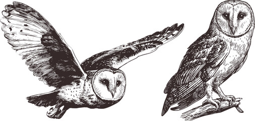 Owl Sketch Vector, Hand Drawn Bird Illustration, Detailed Nocturnal Raptor Line Art, Vintage Engraving Style, Wildlife Animal Design