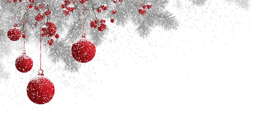 Christmas Decorations: Red Baubles and Holly Berries on Snow-Covered Pine Branches