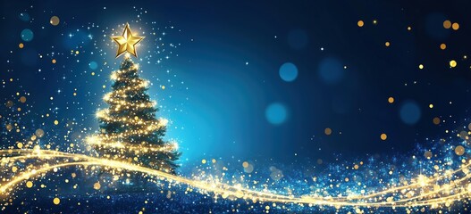 Sparkling Christmas Tree with Golden Lights and Star on a Blue Night Sky Background