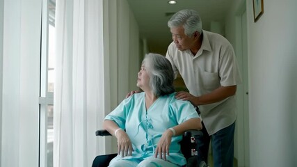 Elderly asian man comforting woman in wheelchair looking out window in hospital - Powered by Adobe