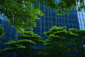 Lush Green Trees Frame Modern Blue Glass Building Exterior
