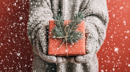 Cozy Winter Hands Holding Festive Christmas Gift with Pine Branch and Snowflakes on Red Background