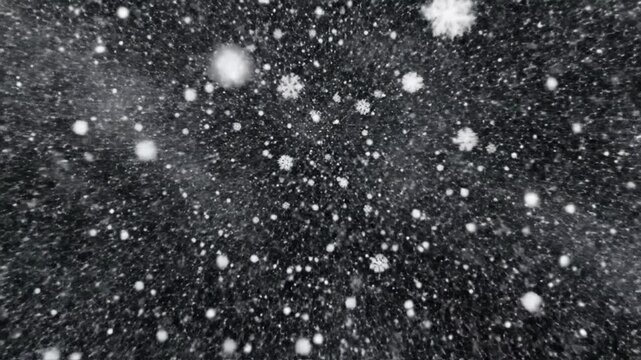 Realistic heavy snowing animation featuring detailed snowflake particles falling against a solid black background, ideal for a winter storm overlay