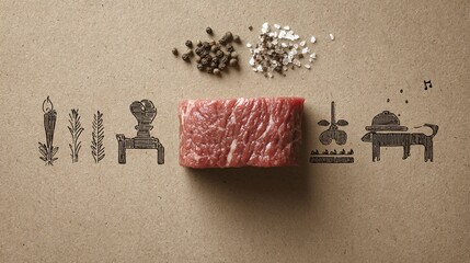 Artistic Culinary Composition with Raw Steak and Hand-Drawn Cooking Icons