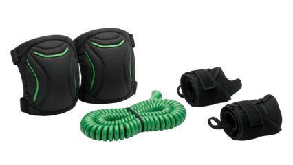 Black and green work/exercise gear including knee pads, coiled hose, and wrist wraps