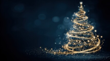 Golden Sparkling Christmas Tree on Dark Blue Background for Holiday Decor and Greeting Cards